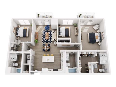 A top-down view of a well-organized apartment with a kitchen, living room, and bedrooms.